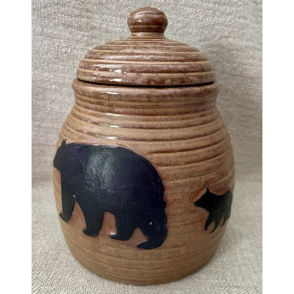 Rustic Bear Stoneware Pottery Lidded Kitchen Canister Brown & Black Cabin Lodge